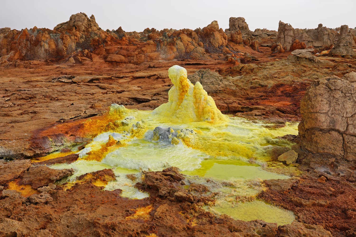 Terraces of yellow, green and orange mineral deposits at Dallol