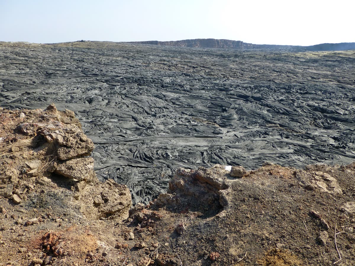 A vast field of ropy black lava on the flanks of Erta Ale
